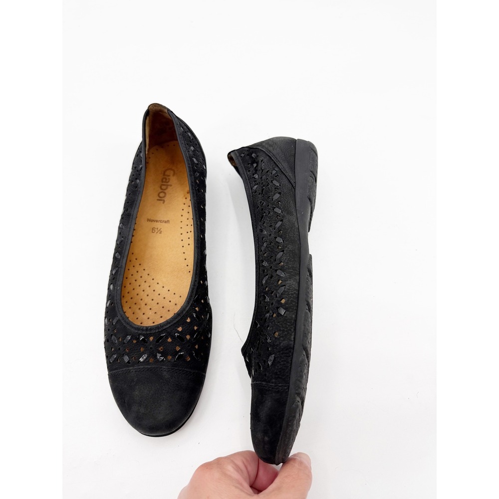 Gabor Hovercraft Black Leather Laser Cut Floral Ballet Flats Rhinestone Size 6.5